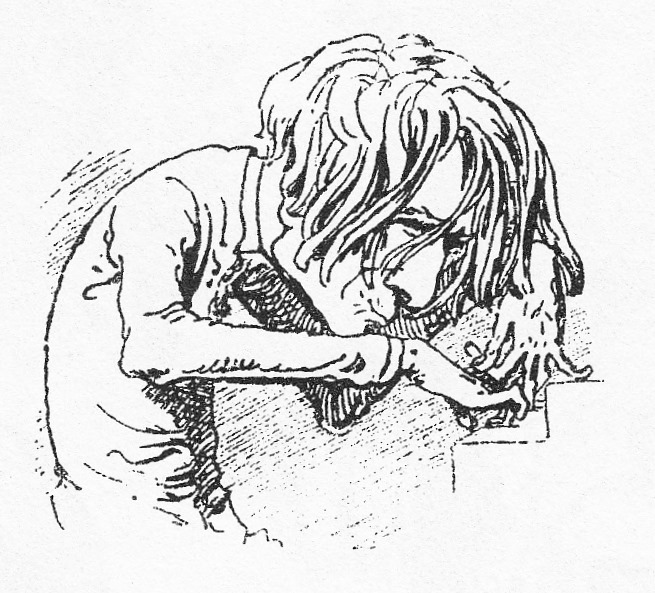 a drawing of a boy leaning against the edge