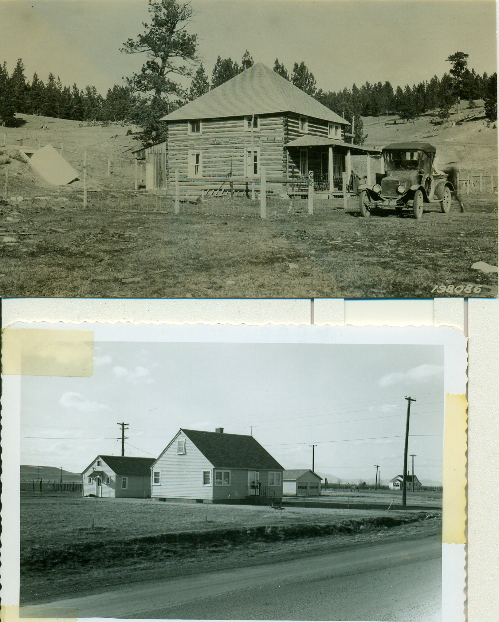two pos one in black and white the other old time with farm house and barn