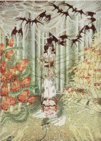 the cover of a fairy tale novel with a woman standing on a bed and flying bats