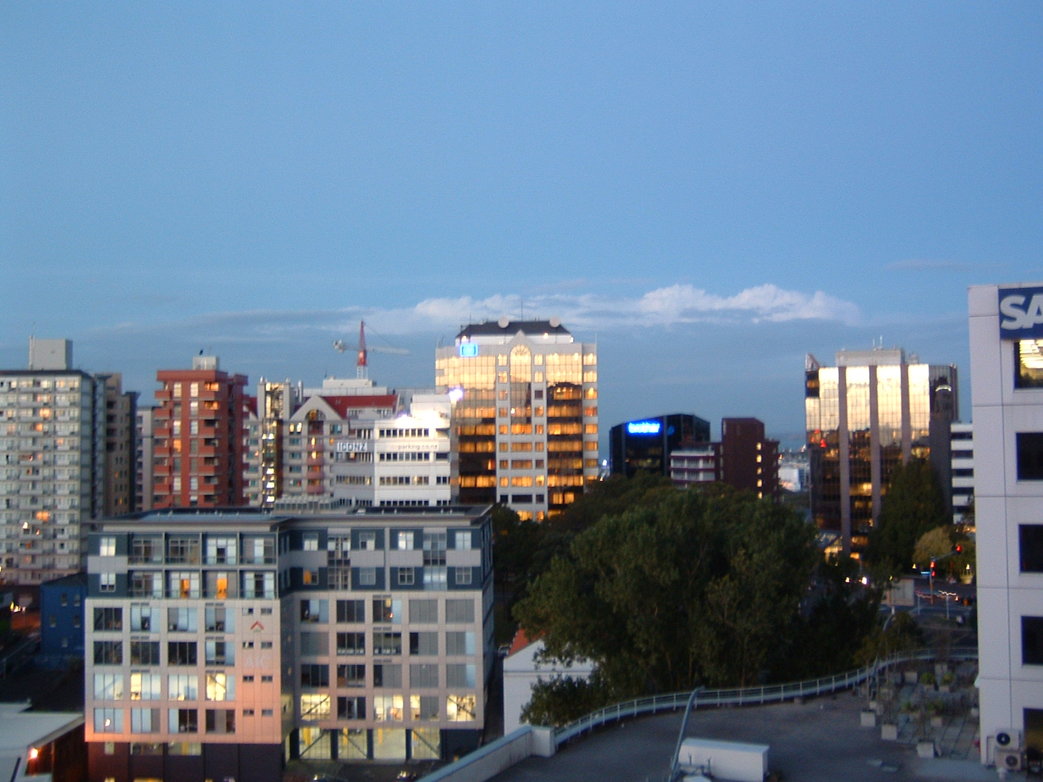 a city skyline with lots of tall buildings and some trees