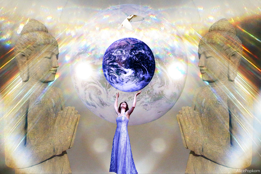 a woman standing in front of two images holding up a globe