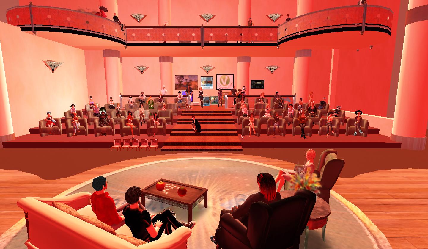 a painting of people on couches in a pink and red room