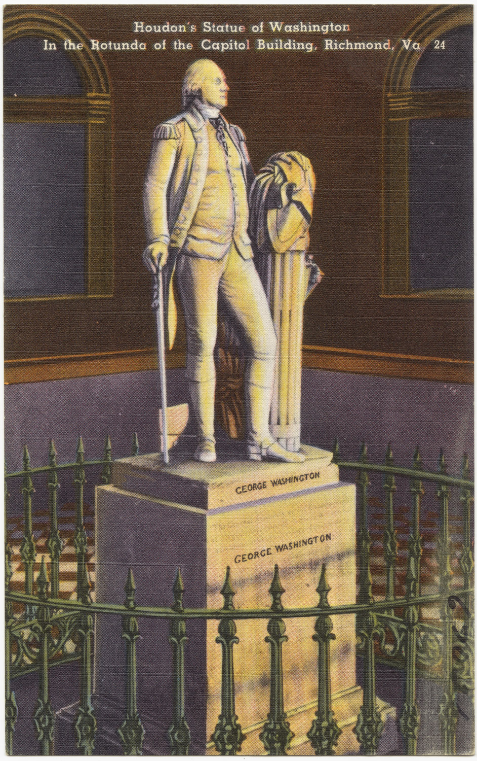 a painting of a man statue by a fence