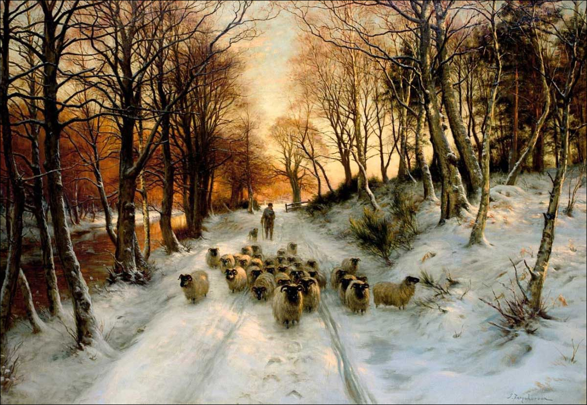 a painting of people herding sheep on a snowy path