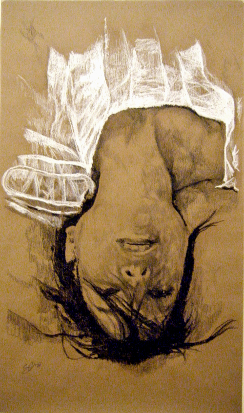 a drawing of a man lying in bed while sleeping