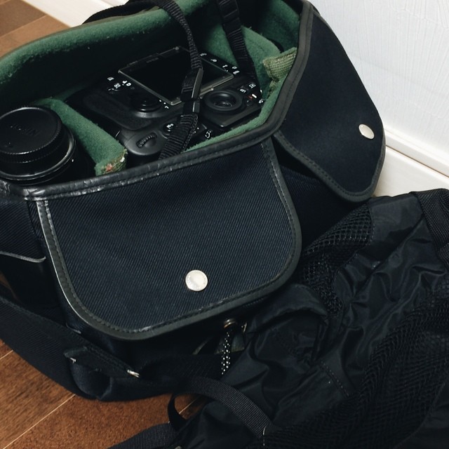 an overhead view of a camera sitting on top of a backpack