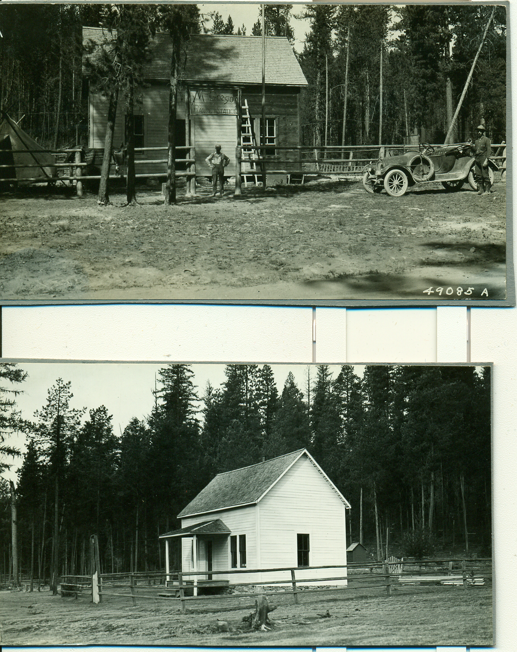 two black and white pictures one of a cabin and another a house