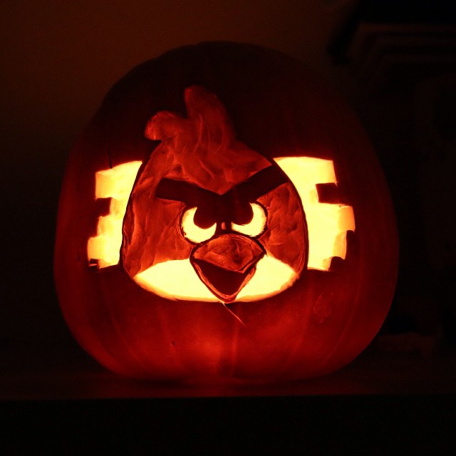 the angry birds carved into the pumpkin