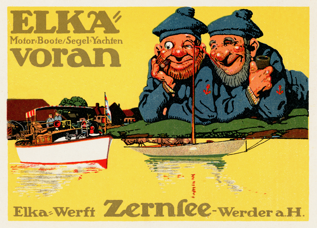 an old travel poster features two men floating in a boat