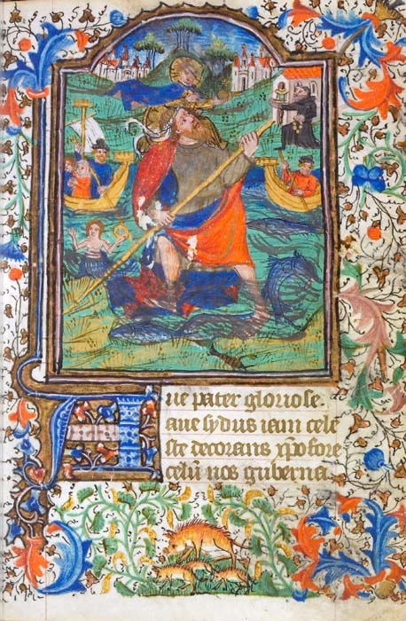 an ornate mcript depicting the saint patrick with a spear