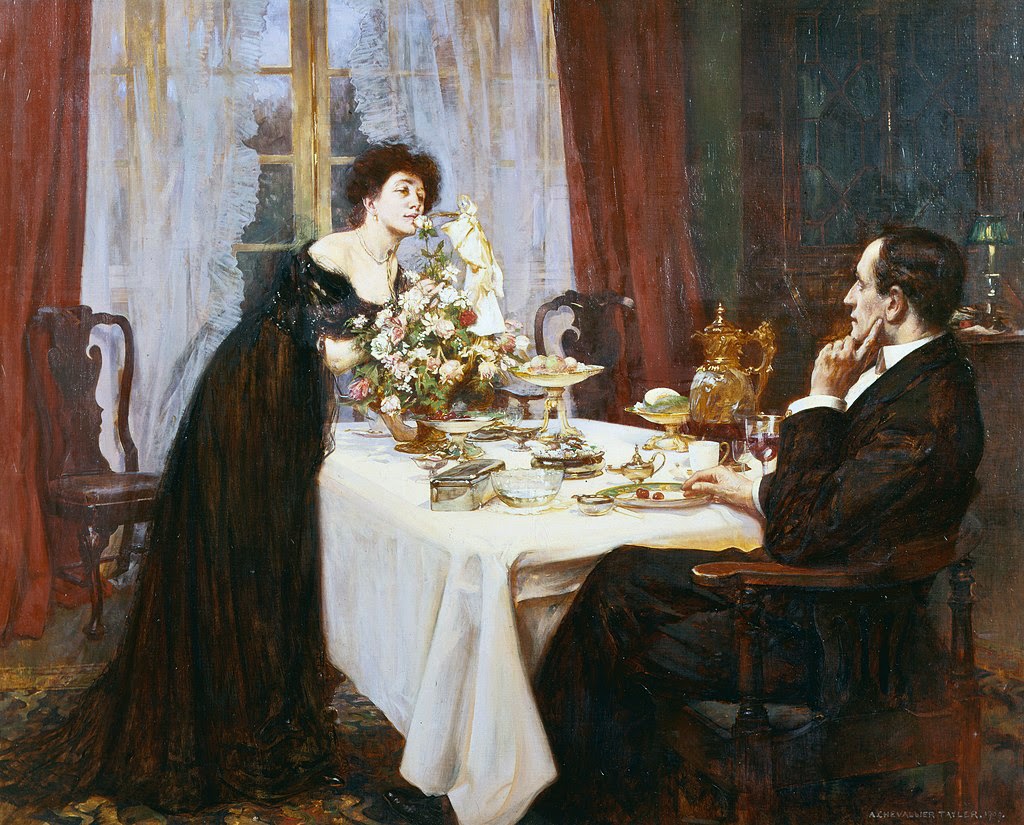 painting of a man sitting down with his woman at the dinner table