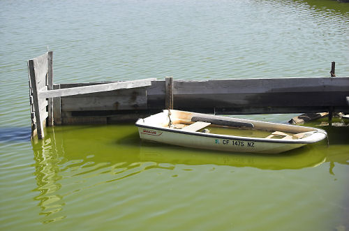 a small boat is anchored to the dock