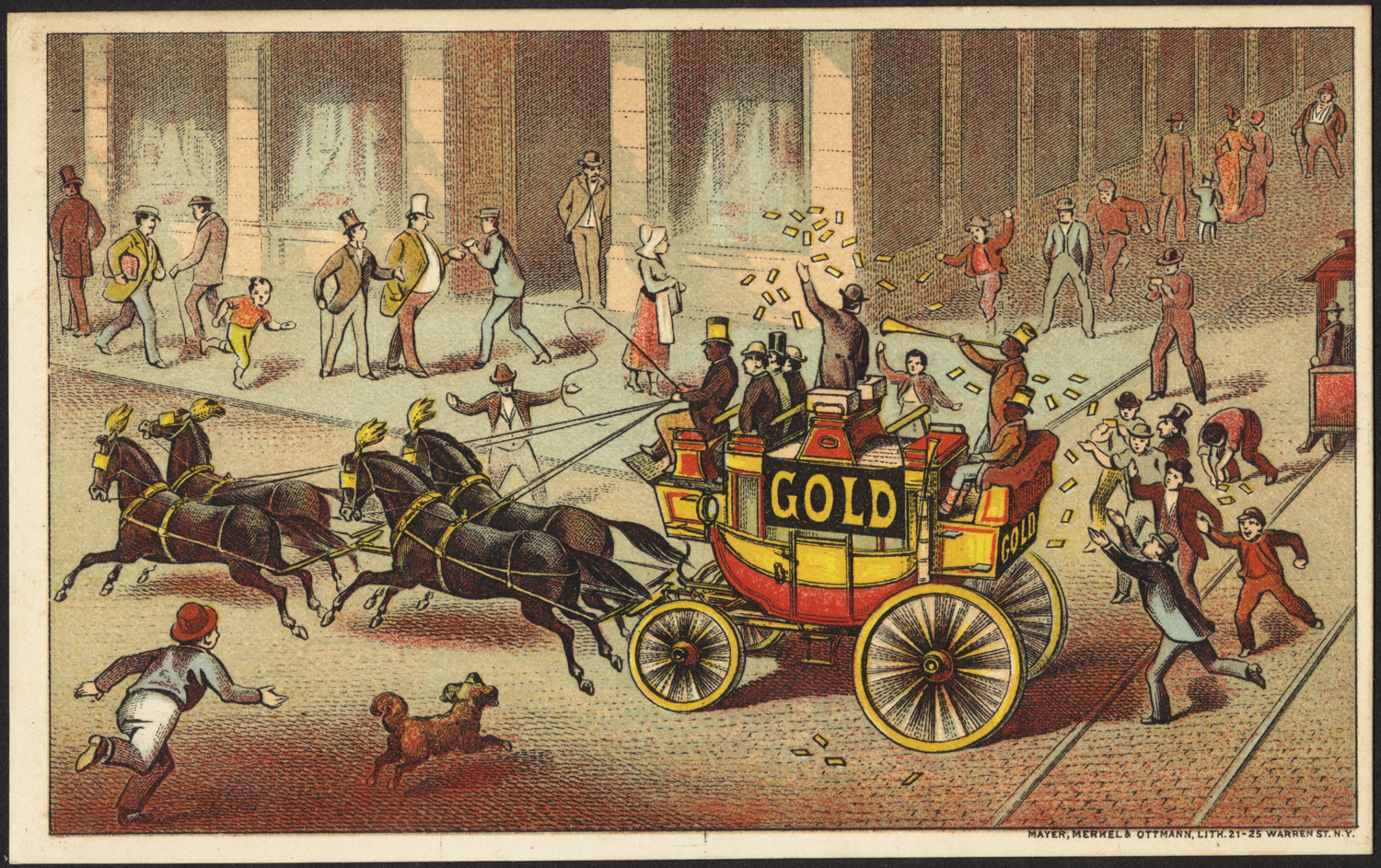 a color lit engraving shows horse drawn carriage with people in the background