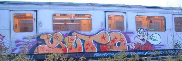 there is graffiti that is on the side of this train