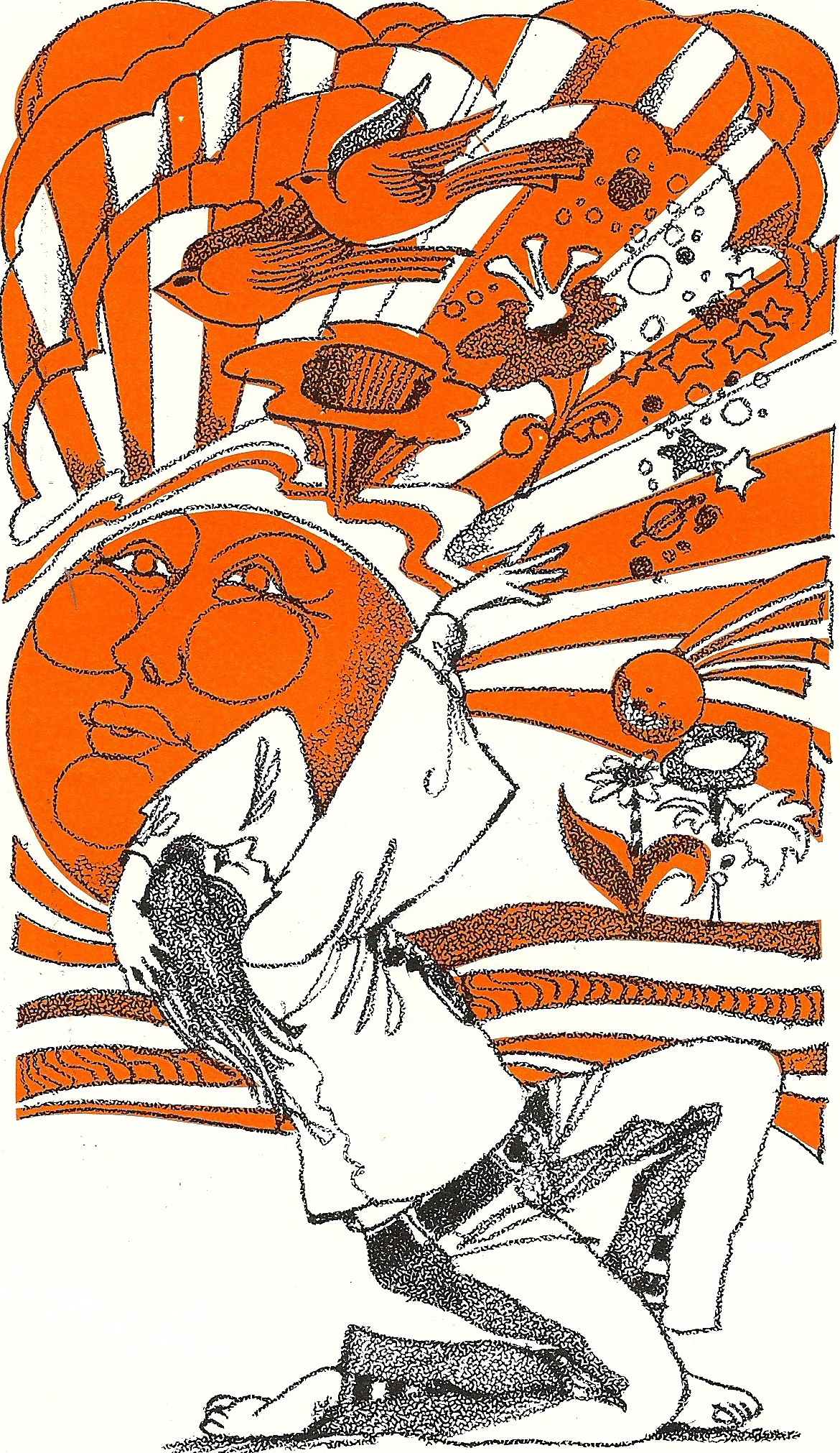 a drawing of a man in orange and white