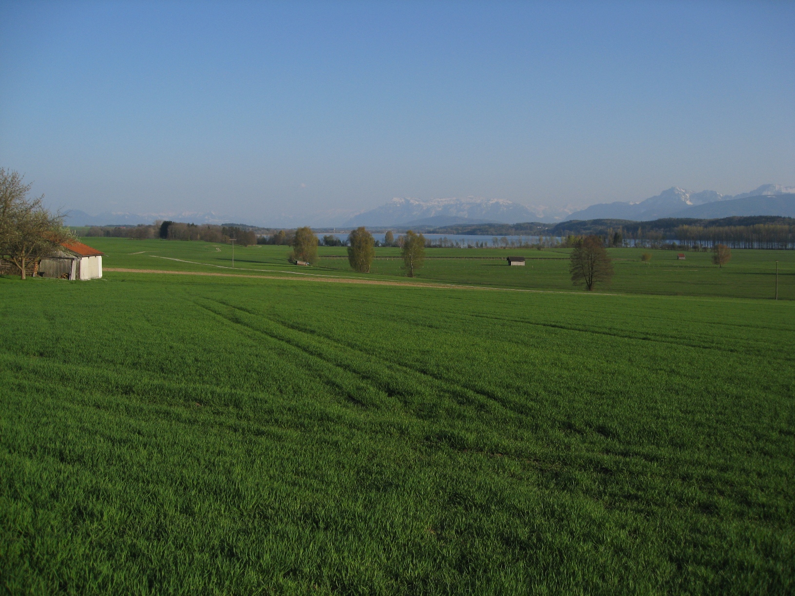 a green field with mountains and blue skies in the background