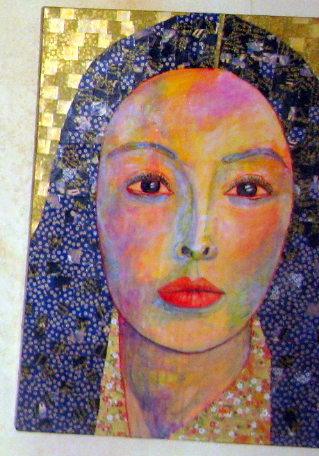 a painting with a female face and large blue eyes