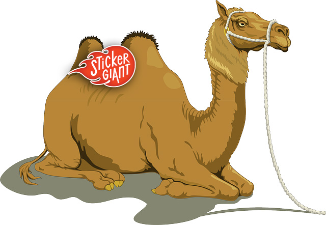 an illustration of a camel with a sticker on it's back