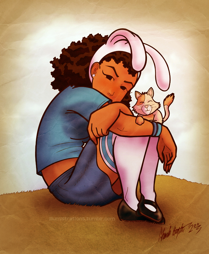 painting of child holding a bunny on sandy ground