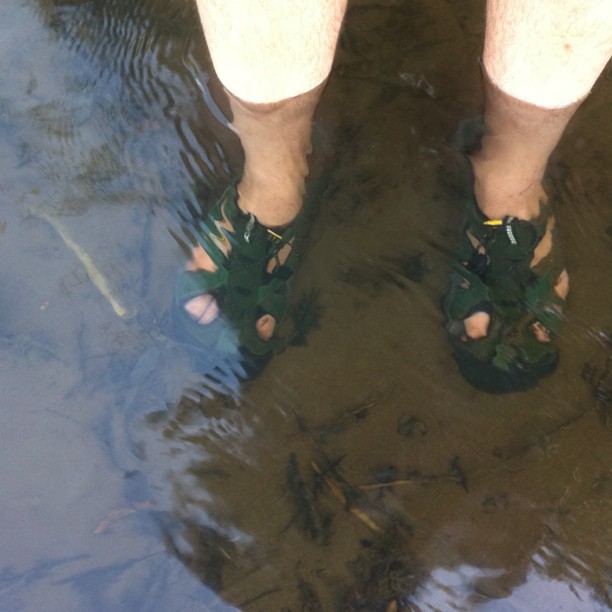 a person wearing green sandals standing in the water