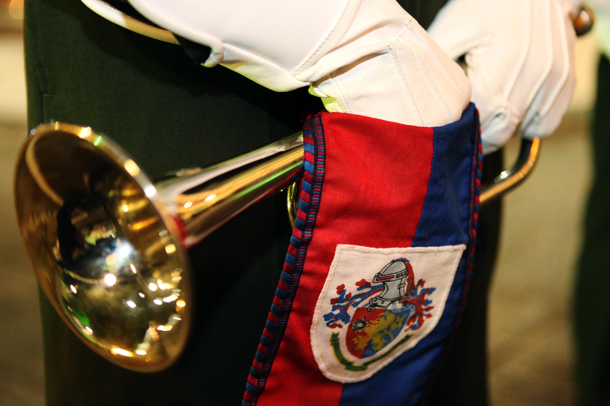 a trombone is displayed with the red, white and blue material