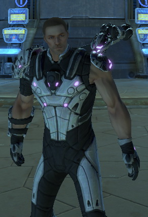 a male character is wearing a futuristic suit and holding two fists in the air