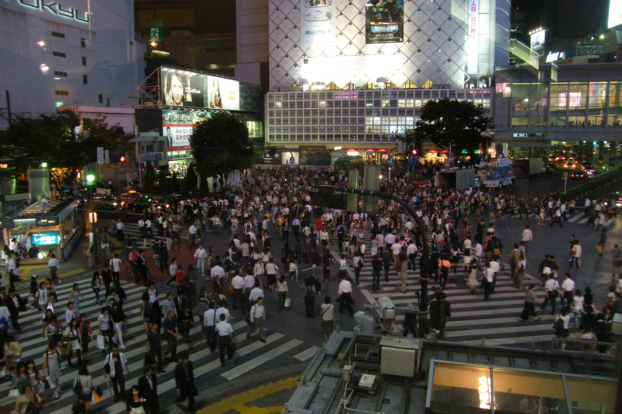 a large group of people standing at the crosswalk