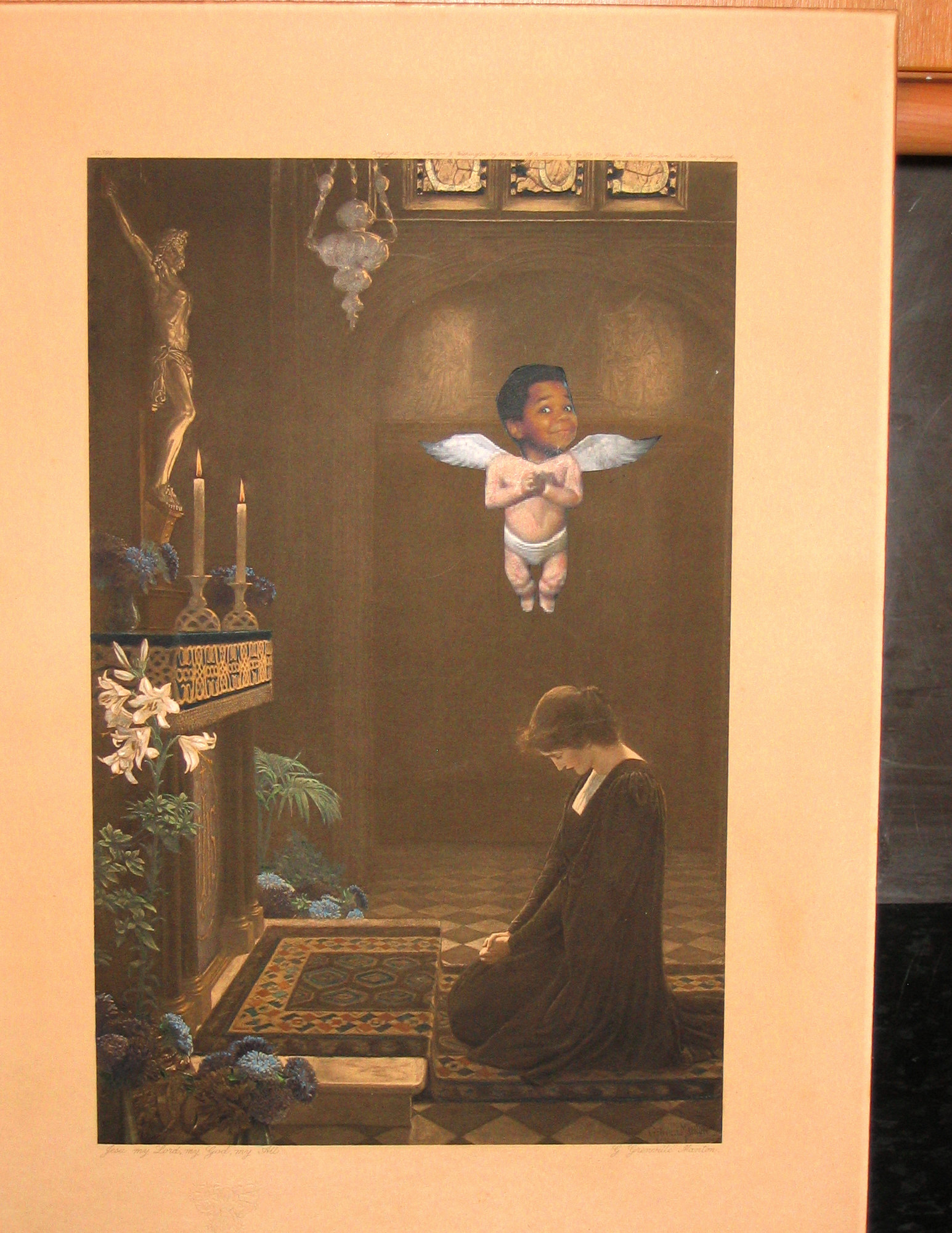 an angel appears to be kneeling down to touch the baby's chest