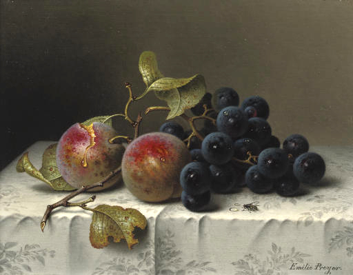 painting with white paper, leaves, fruits and an apple on top