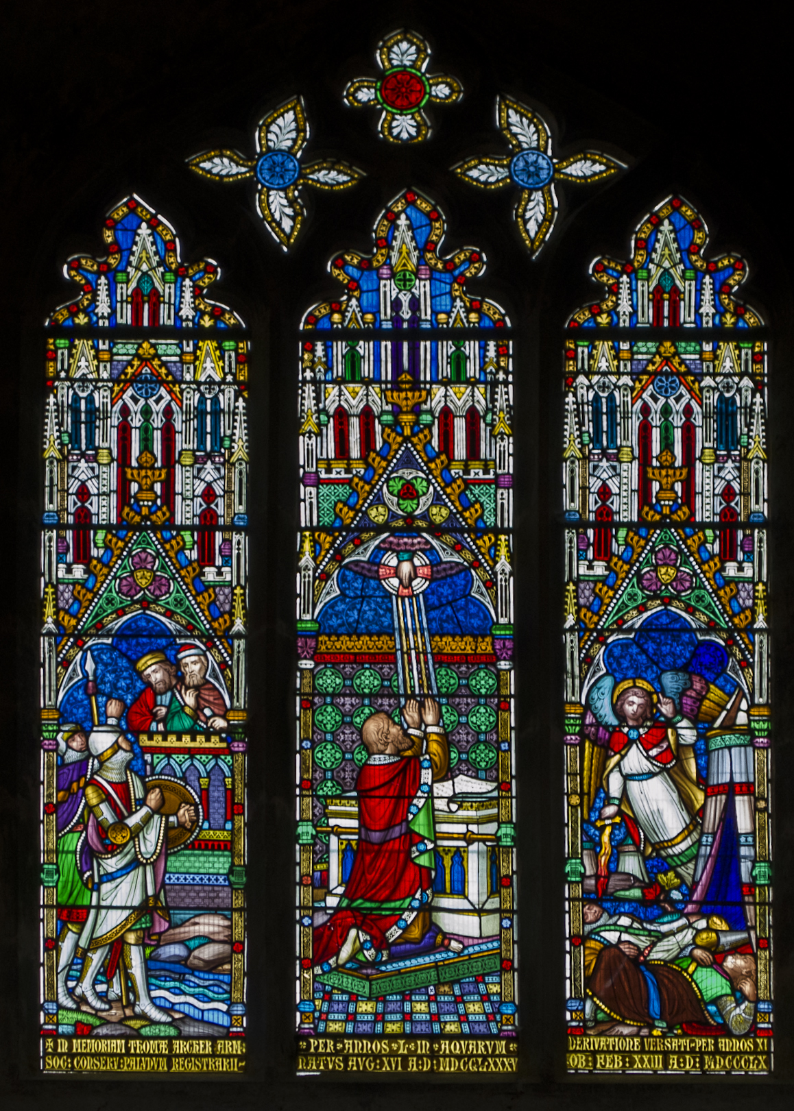 two stained glass windows of men in costumes