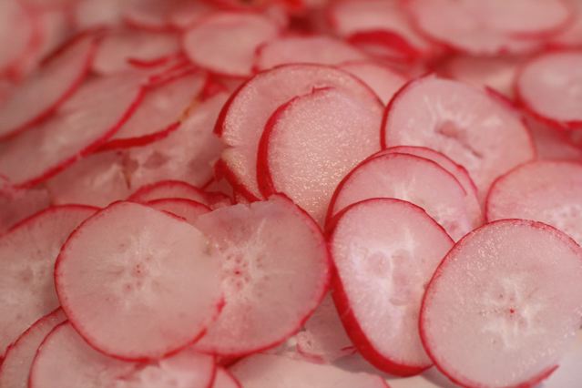 several slices of radishes laid out on top of a plate