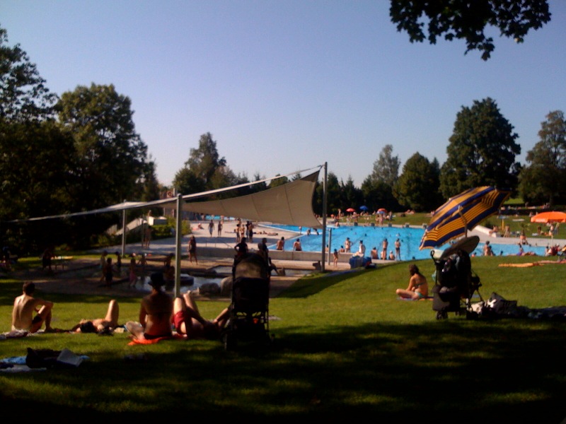 people are sitting on the grass near a pool