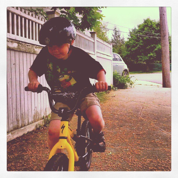 a little boy that is sitting on a bike