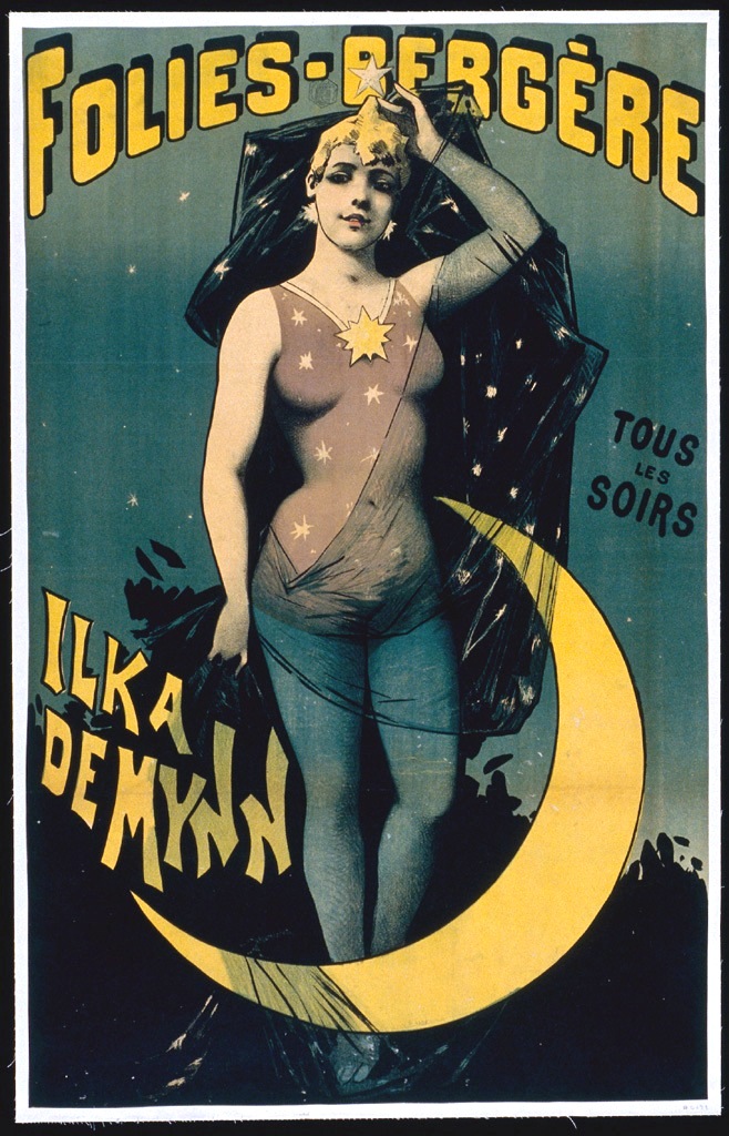 a poster from an exhibit shows the  woman on the crescent moon
