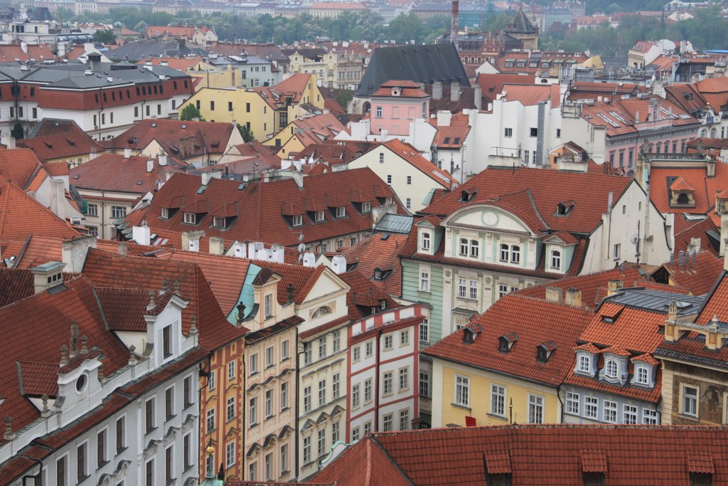 a number of buildings with red roofs in a city