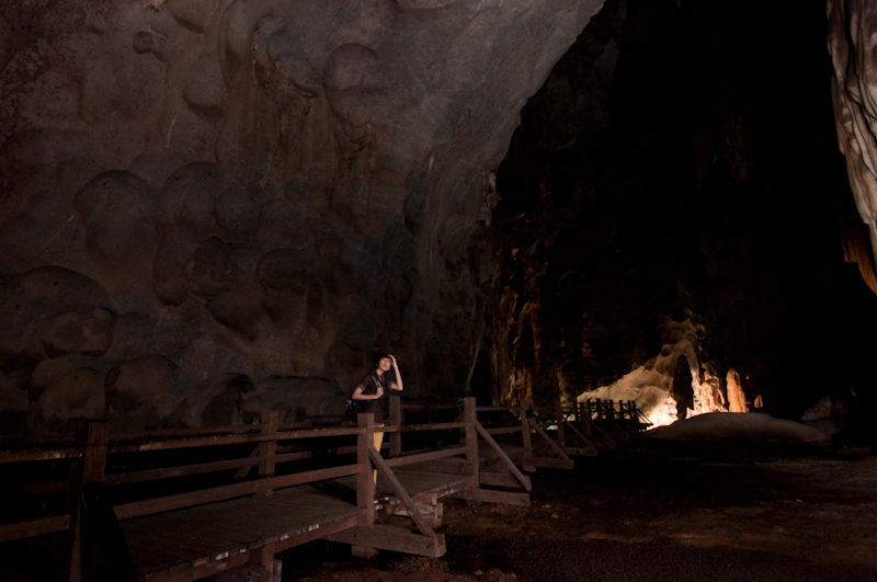 a person standing on a bridge looking out to the cave