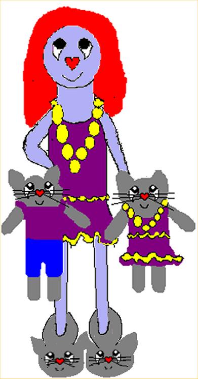 the cartoon character is wearing a purple dress and holding two gray kittens