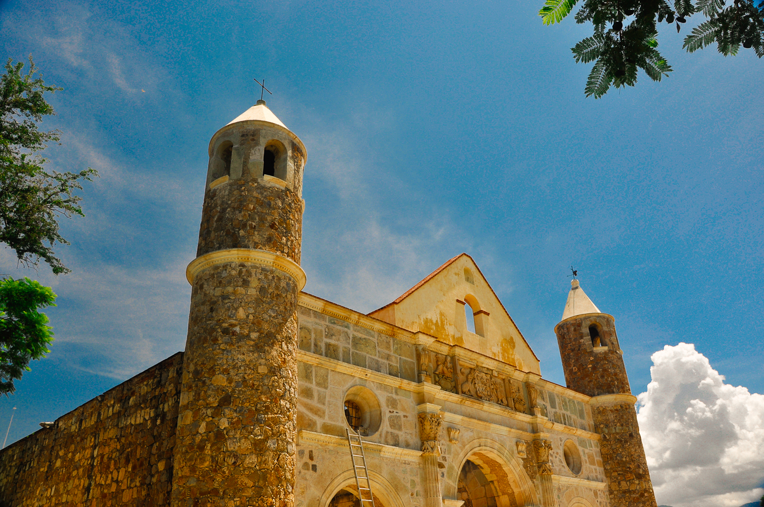 this old church has three steeples on the sides