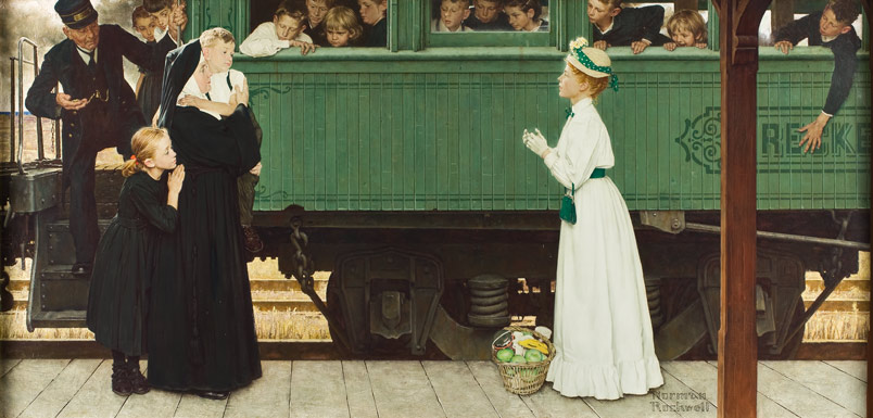 a train on a tracks with passengers and a woman holding her face near a woman in the foreground