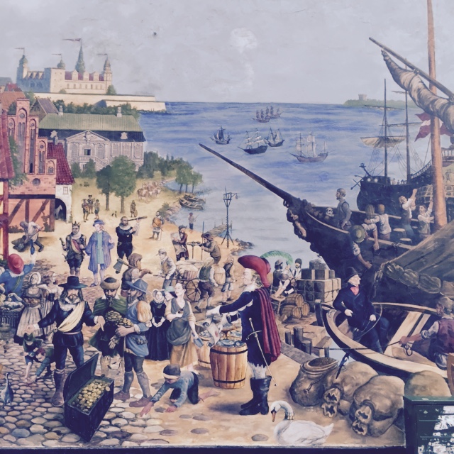 an old painting shows the landing of ships from what appears to be the world