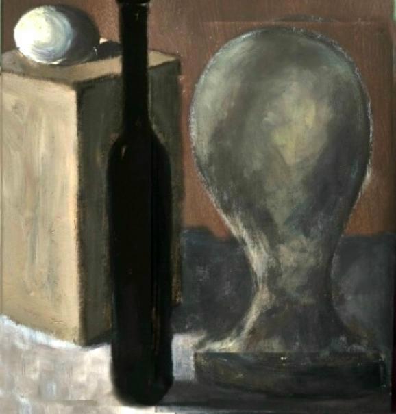 a painting of an old style bottle and a box