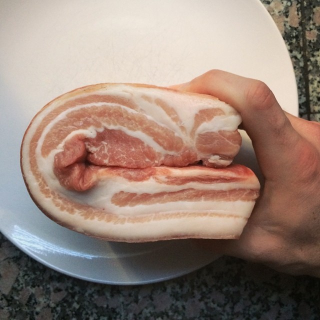 a hand holding an uncooked piece of bacon on a plate