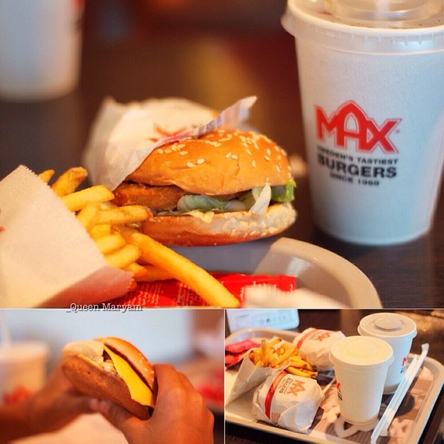 pictures showing sandwiches and french fries, a drink on the side