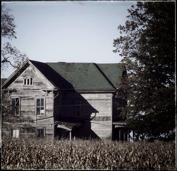 an old wooden house is shown with a corn field behind it