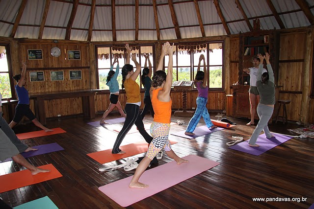 a group of people practice yoga inside a building