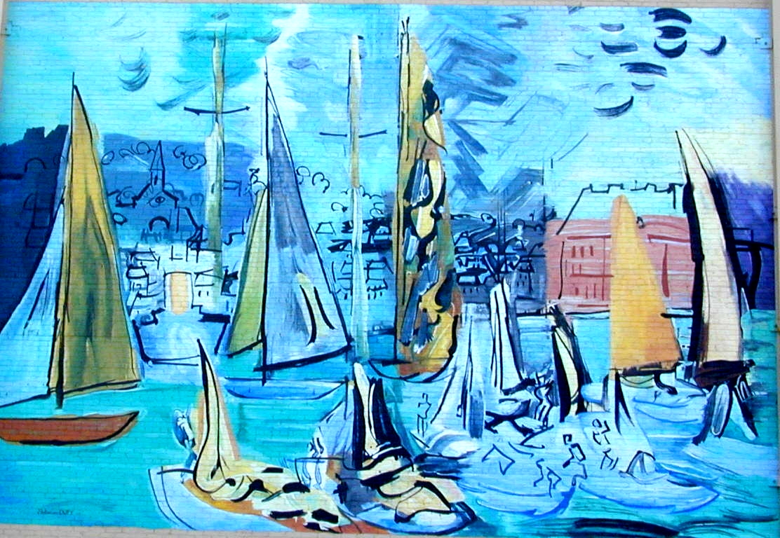 a painting of sailboats in a marina