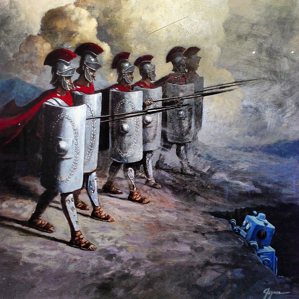 painting of armor leading soldiers in battle on an open mountain
