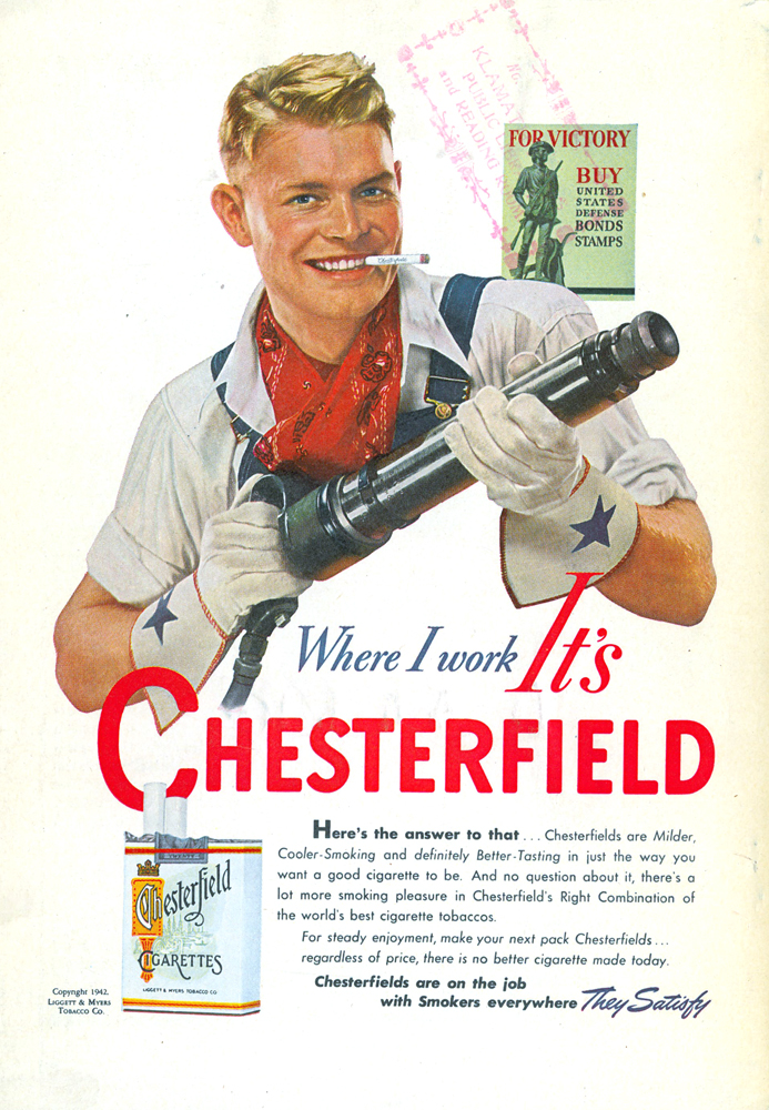 an advertit of chesterfield cigarettes featuring a young man holding a baseball bat