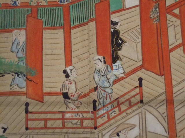 an oriental painting depicting two people standing at a gate