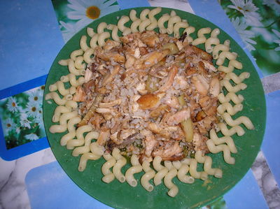 a plate with pasta and chicken mixed in sauce